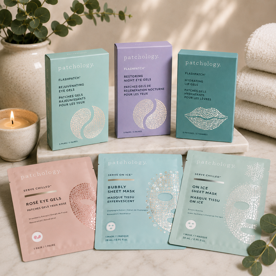 Patchology skincare collection including eye gels, lip gels, and sheet masks available at DK Spa.