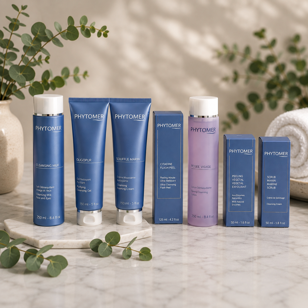 Phytomer professional skincare products including cleansers, toners, exfoliants, and facial treatments available at DK Spa.