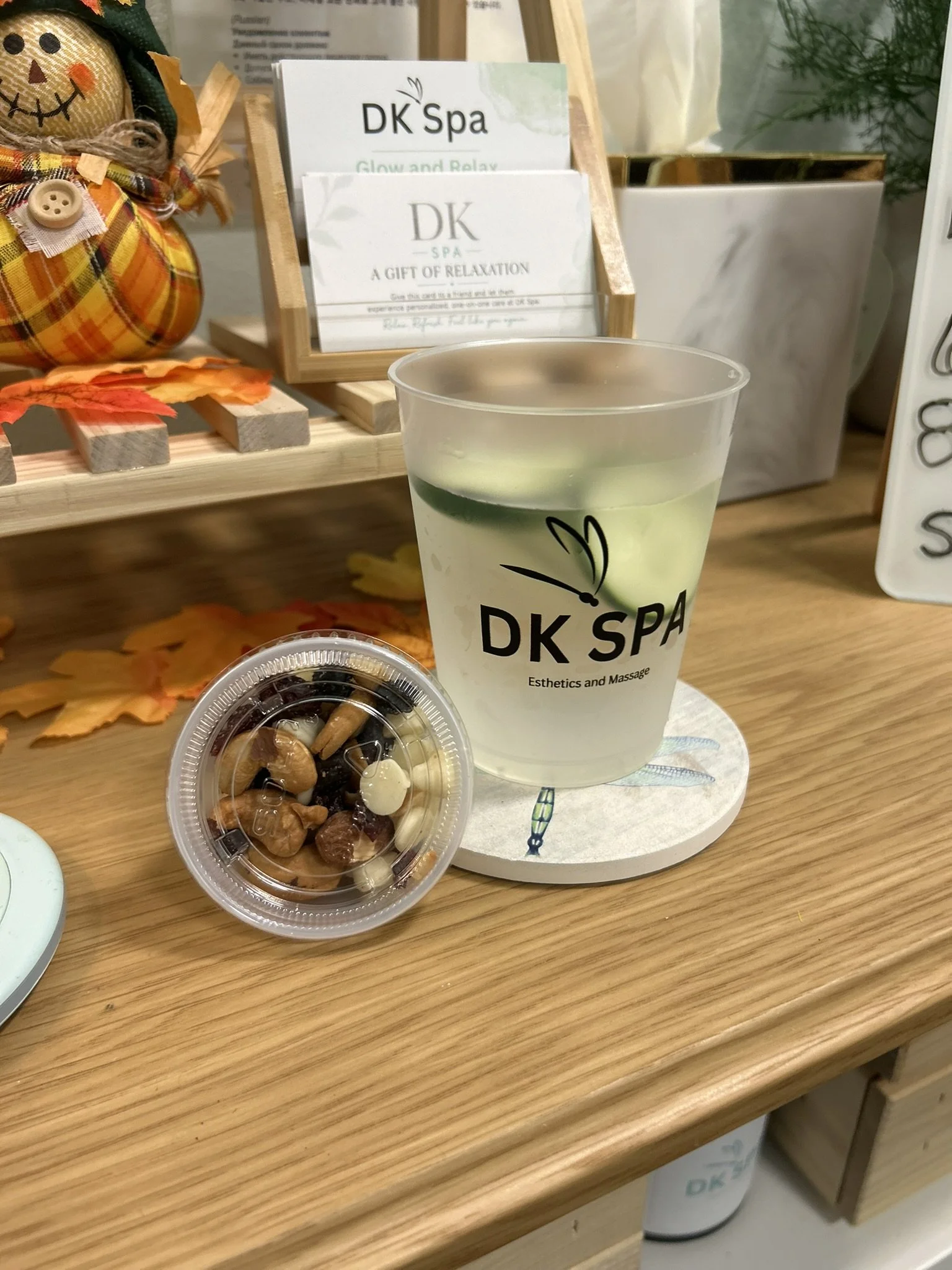 Cucumber water and a trail mix snack offered during the Sanctuary Experience at DK Spa in Lynnwood.
