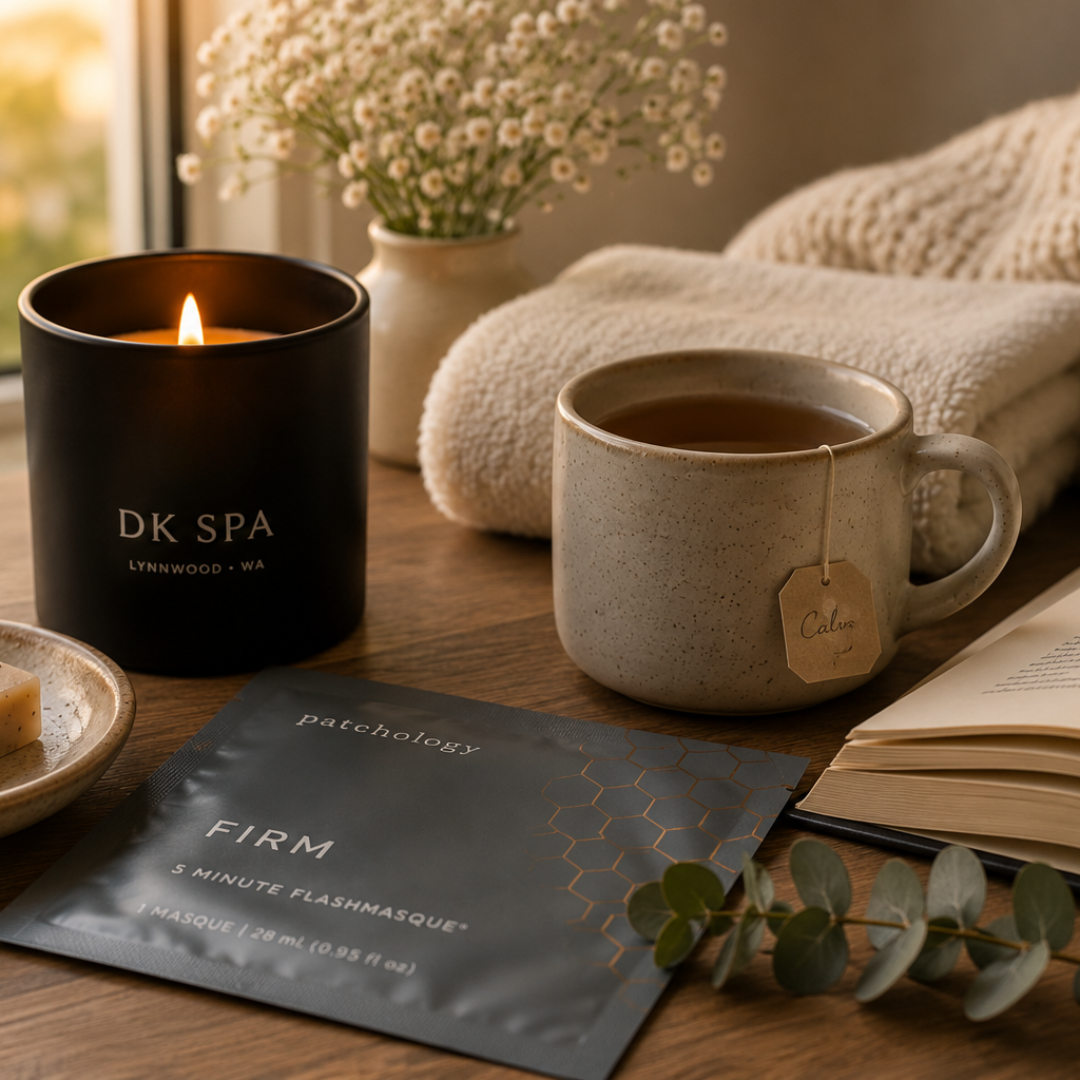 Black DK Spa candle, Patchology face mask, tea, and an open book arranged to create a relaxing at-home spa ritual.