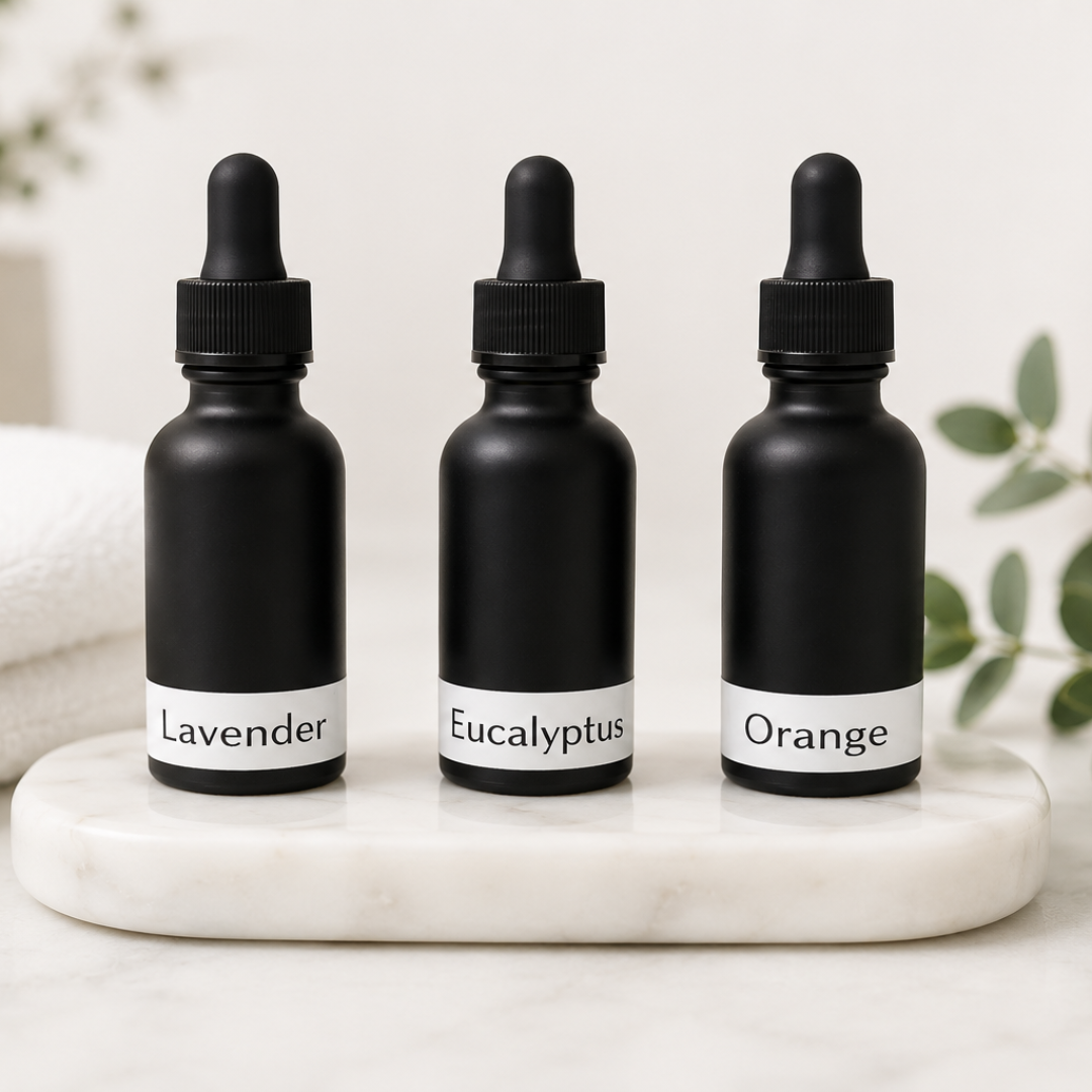 Collection of essential oils including lavender, eucalyptus, and orange available at DK Spa.
