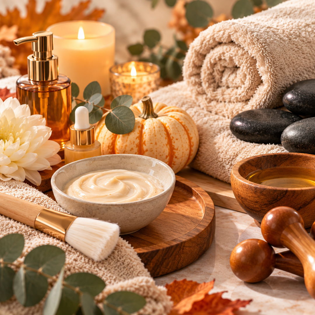Fall spa setting with facial skincare and massage products for the Fall Glow-Up Package at DK Spa in Lynnwood, Washington