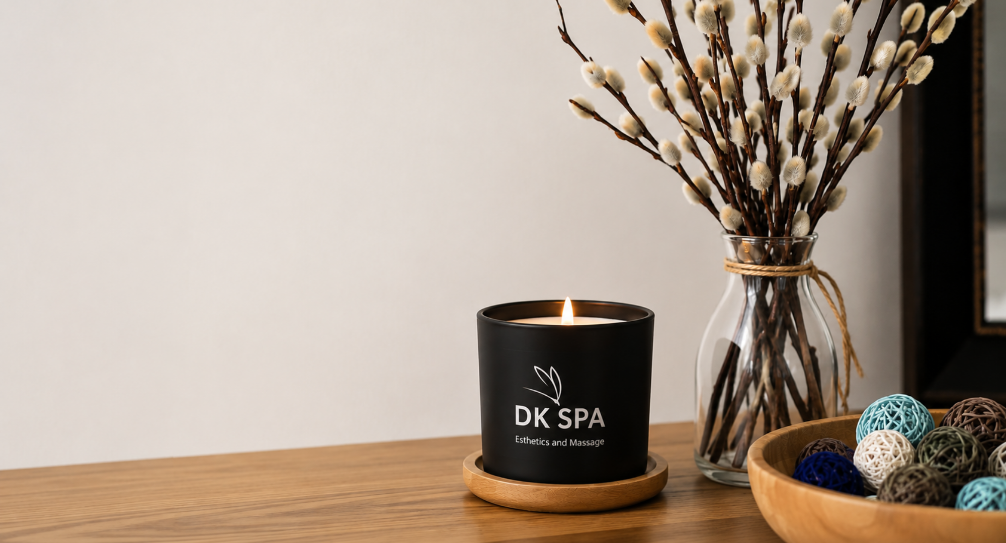 DK Spa candle and spa décor displayed in the reception area at DK Spa in Lynnwood, Washington.