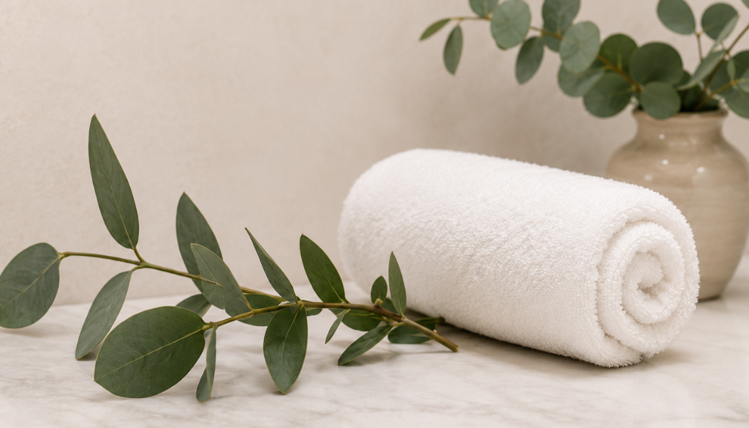 Rolled spa towels with greenery at DK Spa in Lynnwood, Washington