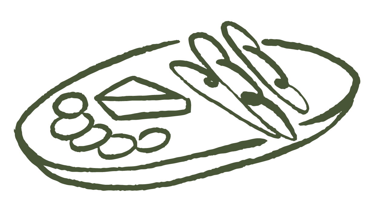 Line drawing of a plate with various foods, including vegetables and possibly a sandwich.