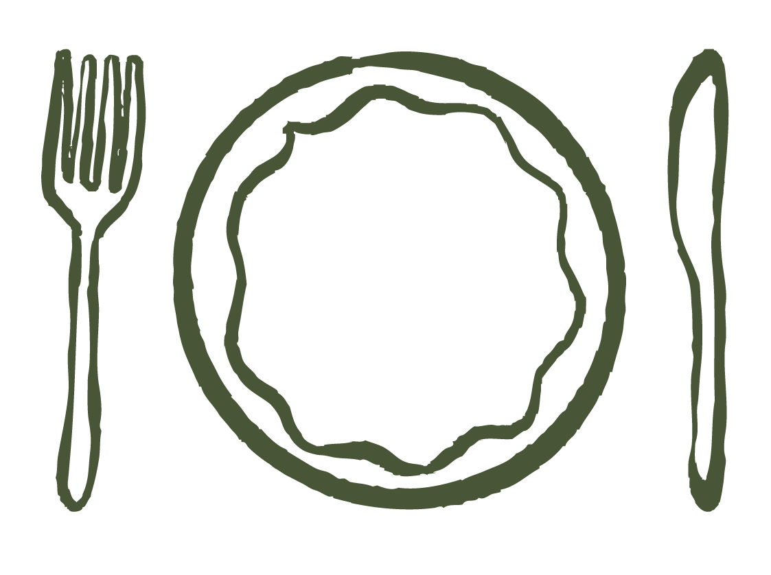 Illustration of a plate with a fork on the left and a knife on the right, all in a minimalist, hand-drawn style.