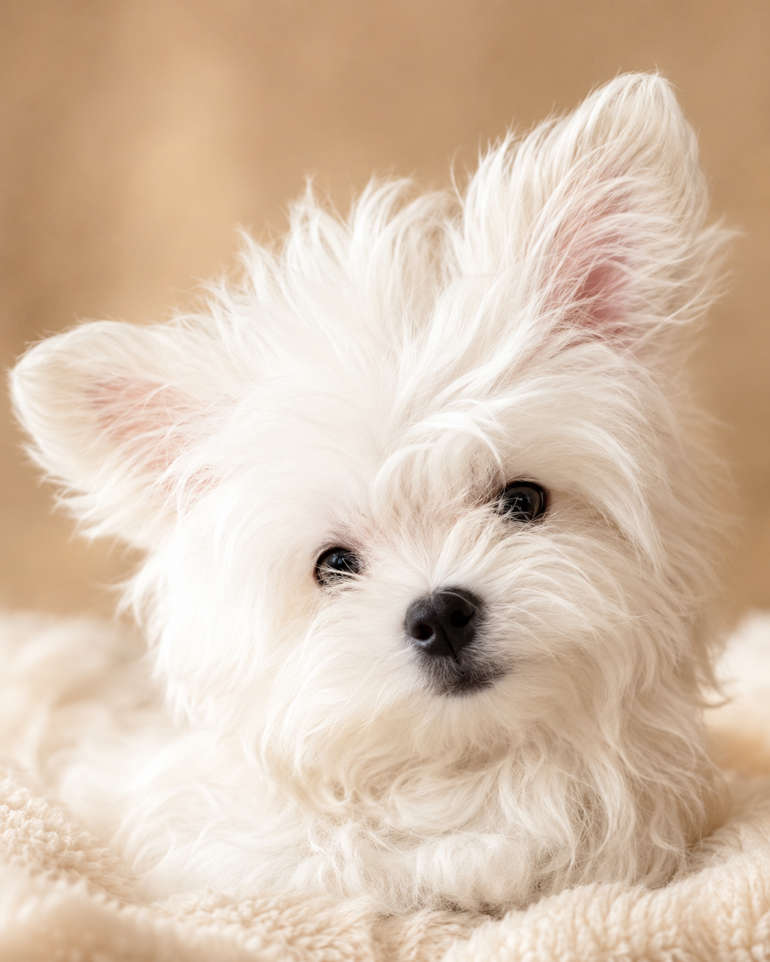 A cute, fluffy white puppy with dark eyes lying on a soft, cream-colored blanket.