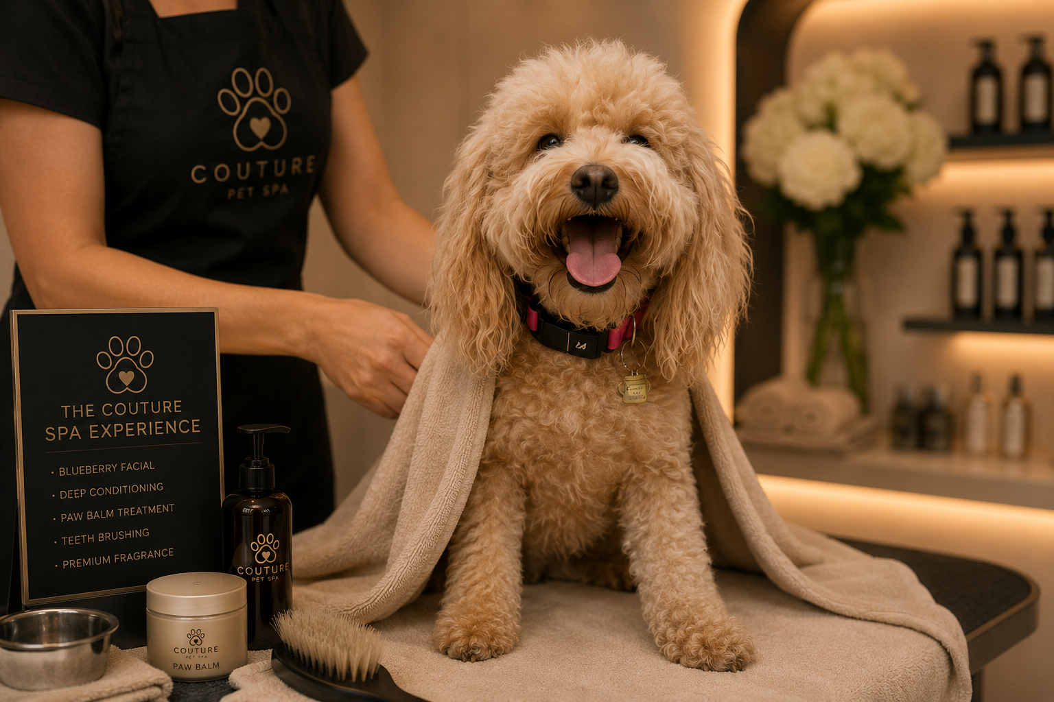 A happy, curly-haired dog sitting on a grooming table at a pet spa, with a towel draped over its back, surrounded by grooming products and a sign detailing spa services.