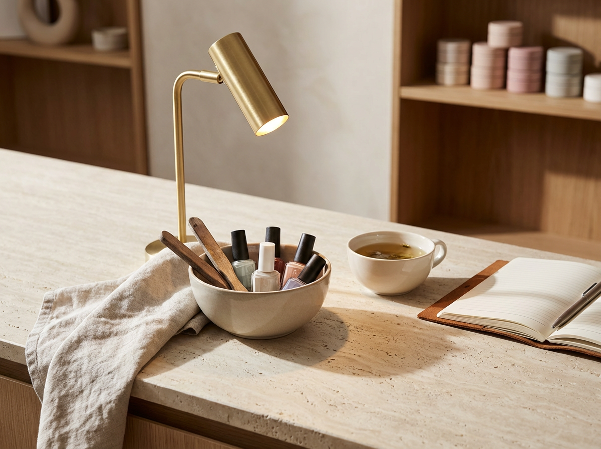 A countertop with a bowl of nail polish bottles, a wooden nail buffer, a cup of tea, an open notebook, and a pen, under warm lighting.