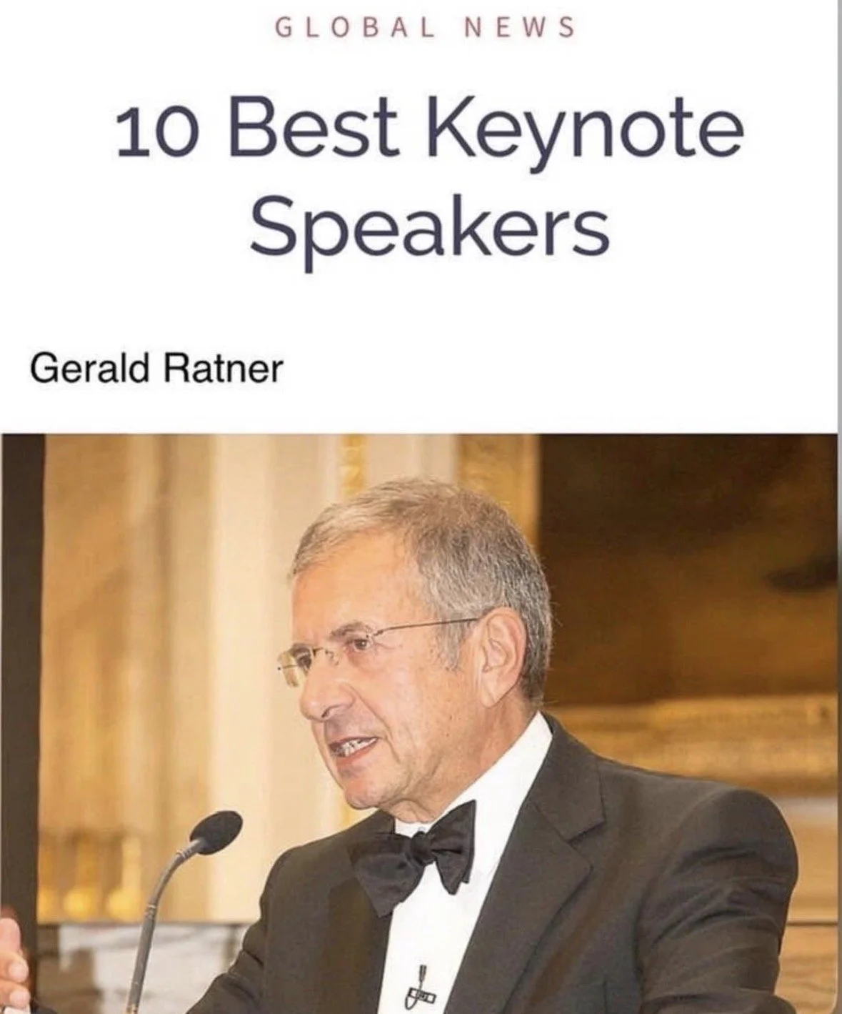 Cover of an article titled '10 Best Keynote Speakers' featuring Gerald Ratner in a tuxedo speaking at a podium.