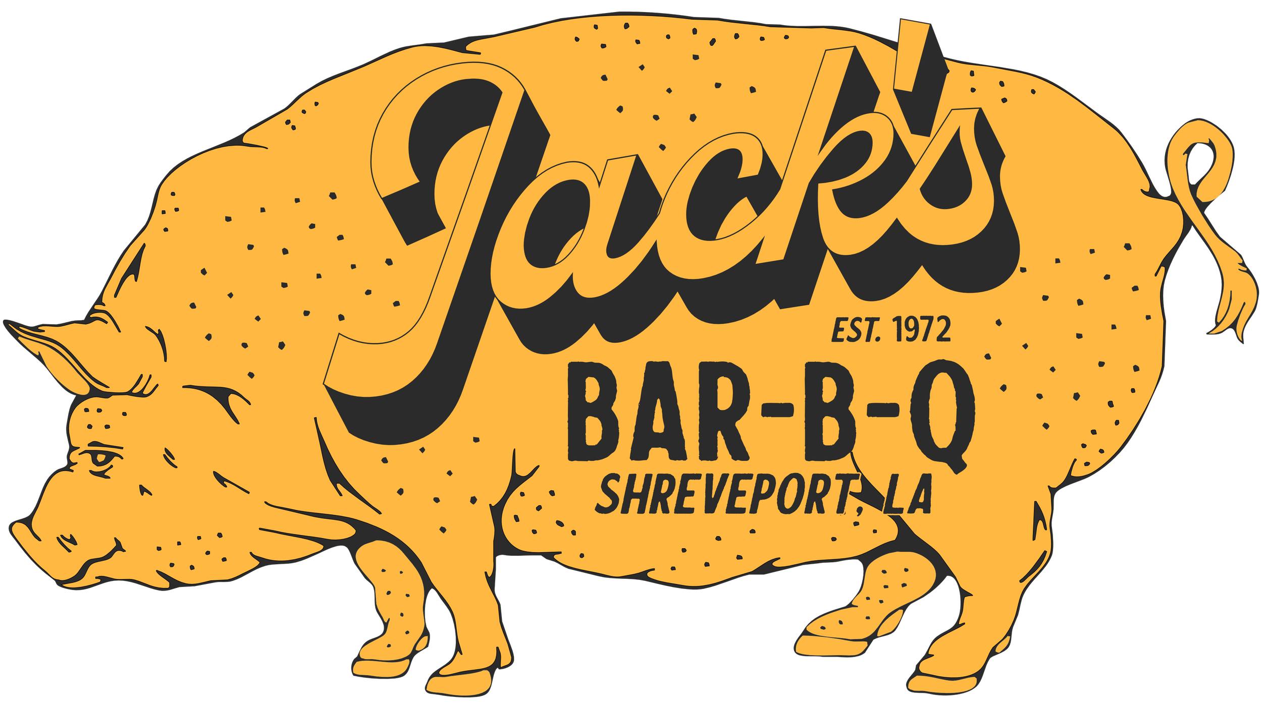 A graphic illustration of a pig with the words "Jack's Bar-B-Q" inside its body, along with "Est. 1972," "Shreveport LA,"