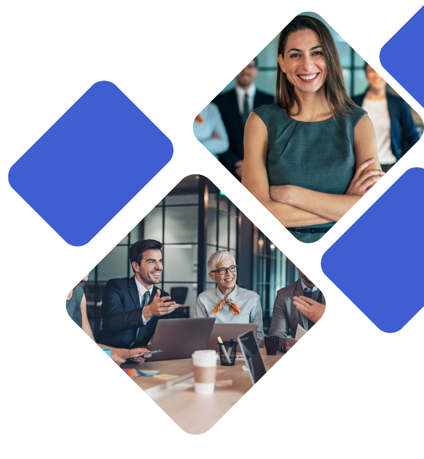Corporate team meeting with smiling woman in office