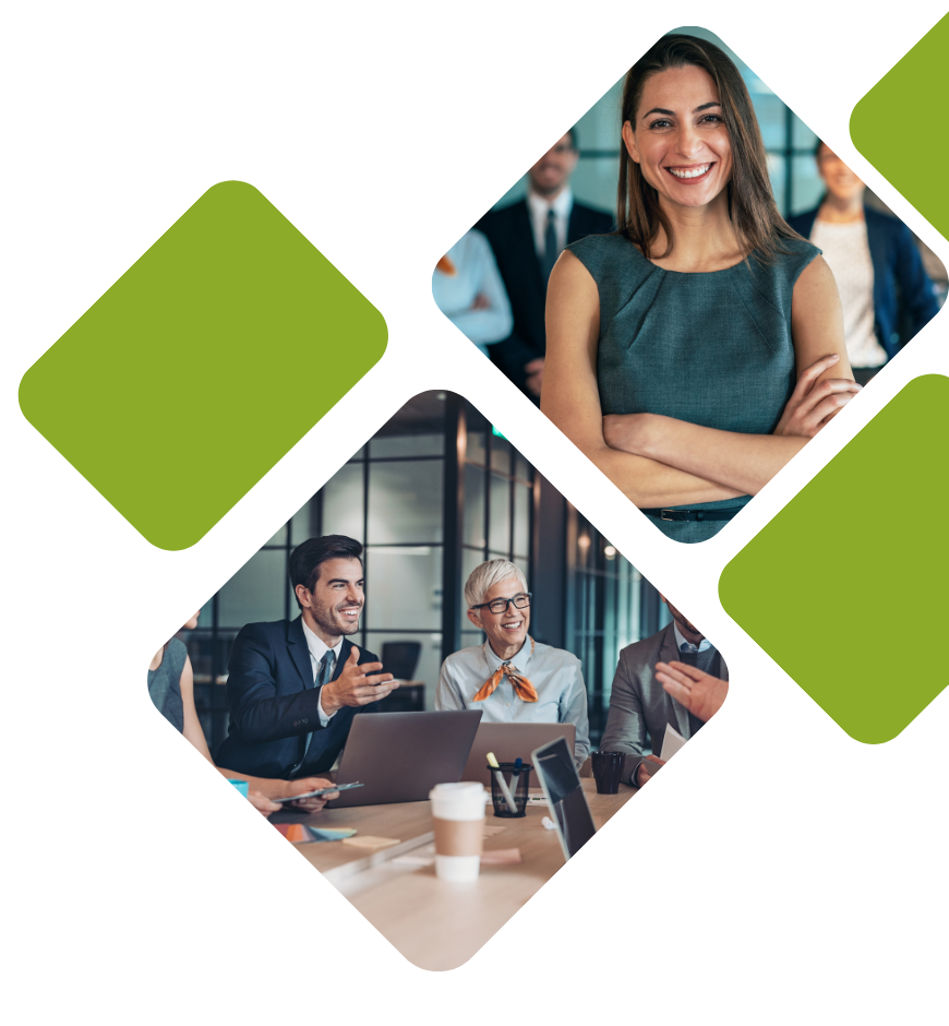 Businesspeople smiling and interacting in a modern office setting.