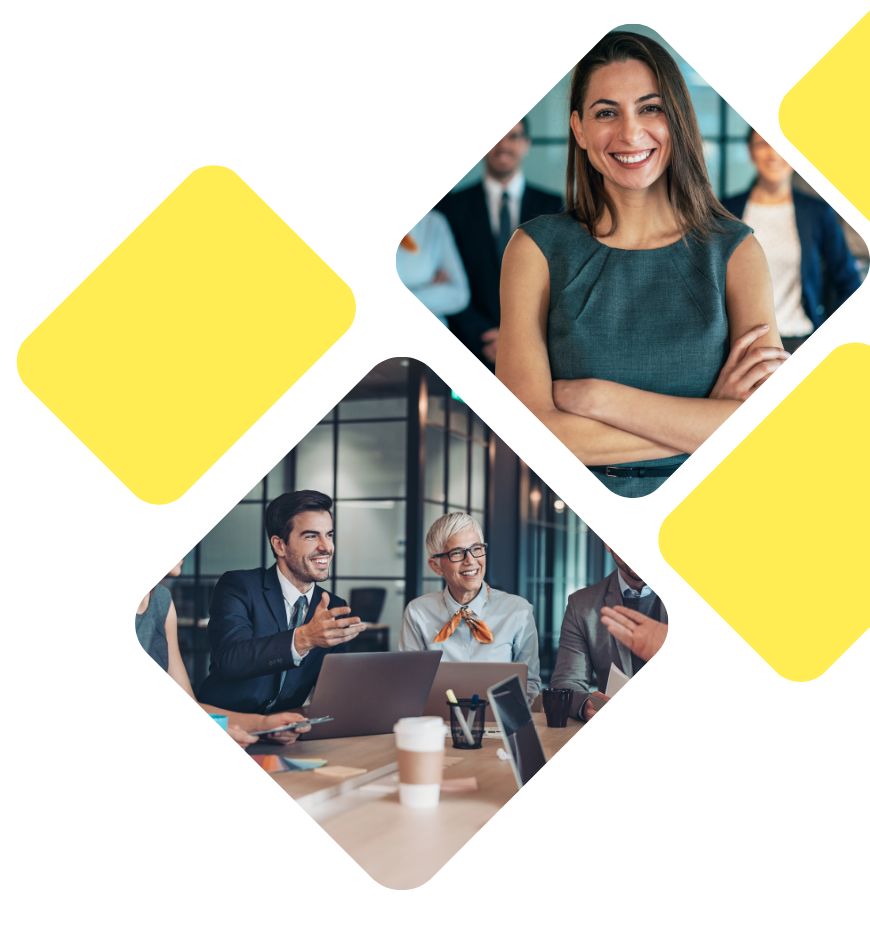 Collage of two images showing professionals in a business setting, with a woman smiling in the top image and a group of professionals talking around a laptop in the bottom image.