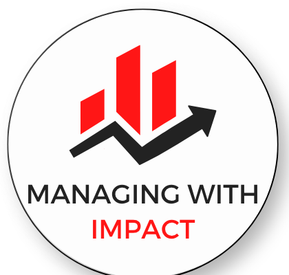 A circular logo with a line chart and an upward arrow, text reading 'Managing with Impact'.