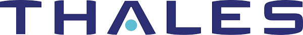 Logo with the word 'THALES' in blue capital letters with a stylized 'A' featuring a holographic sphere in the center.