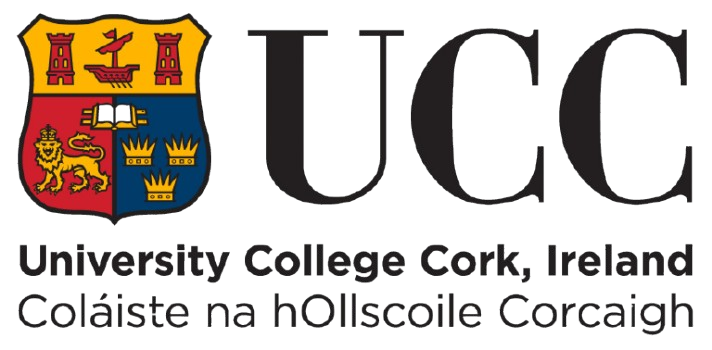 Official logo of University College Cork (UCC), featuring a shield with various heraldic symbols and the text 'UCC University College Cork, Ireland, Coiste na hOllscoile'.
