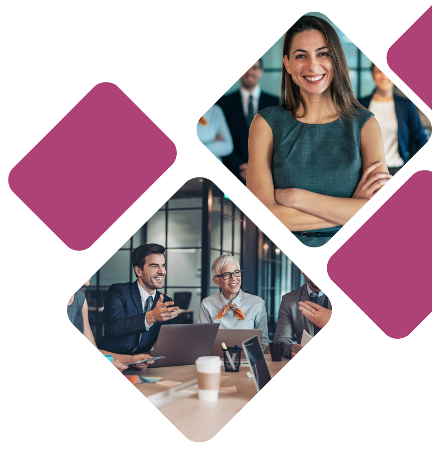 Two group photos of diverse professionals in business settings, one woman smiling with arms crossed and three people in a meeting discussion.