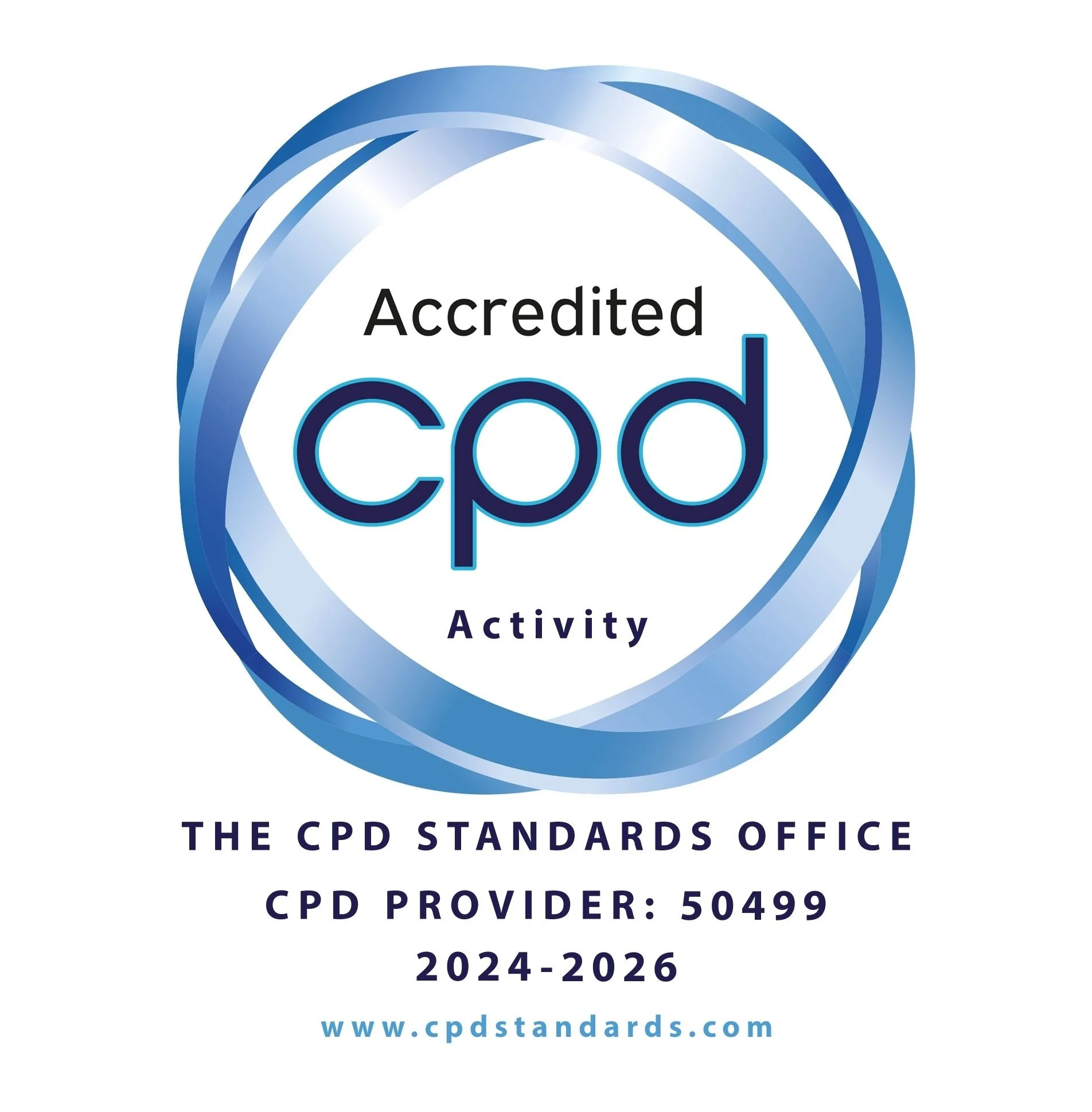 A certification badge indicating approval from the CPD Standards Office for a specific activity, provider number 50499, valid from 2024 to 2026, with a website link at the bottom.