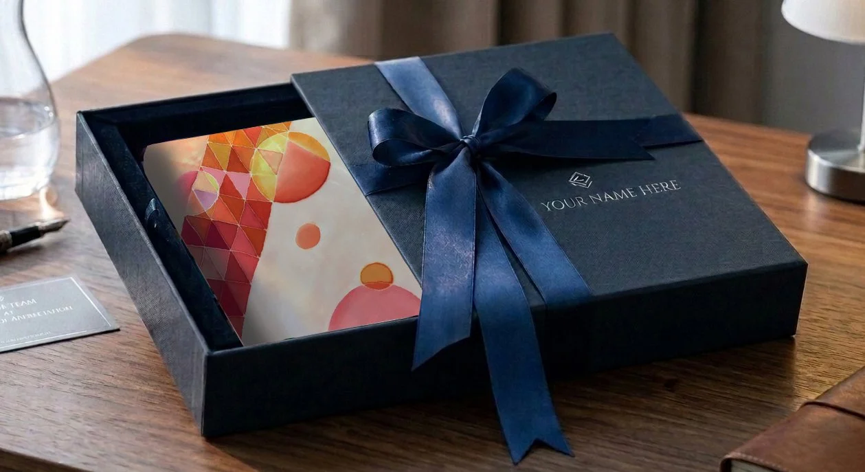 A dark blue gift box with a satin ribbon bow, partially open to reveal colorful geometric artwork inside, sitting on a wooden table.