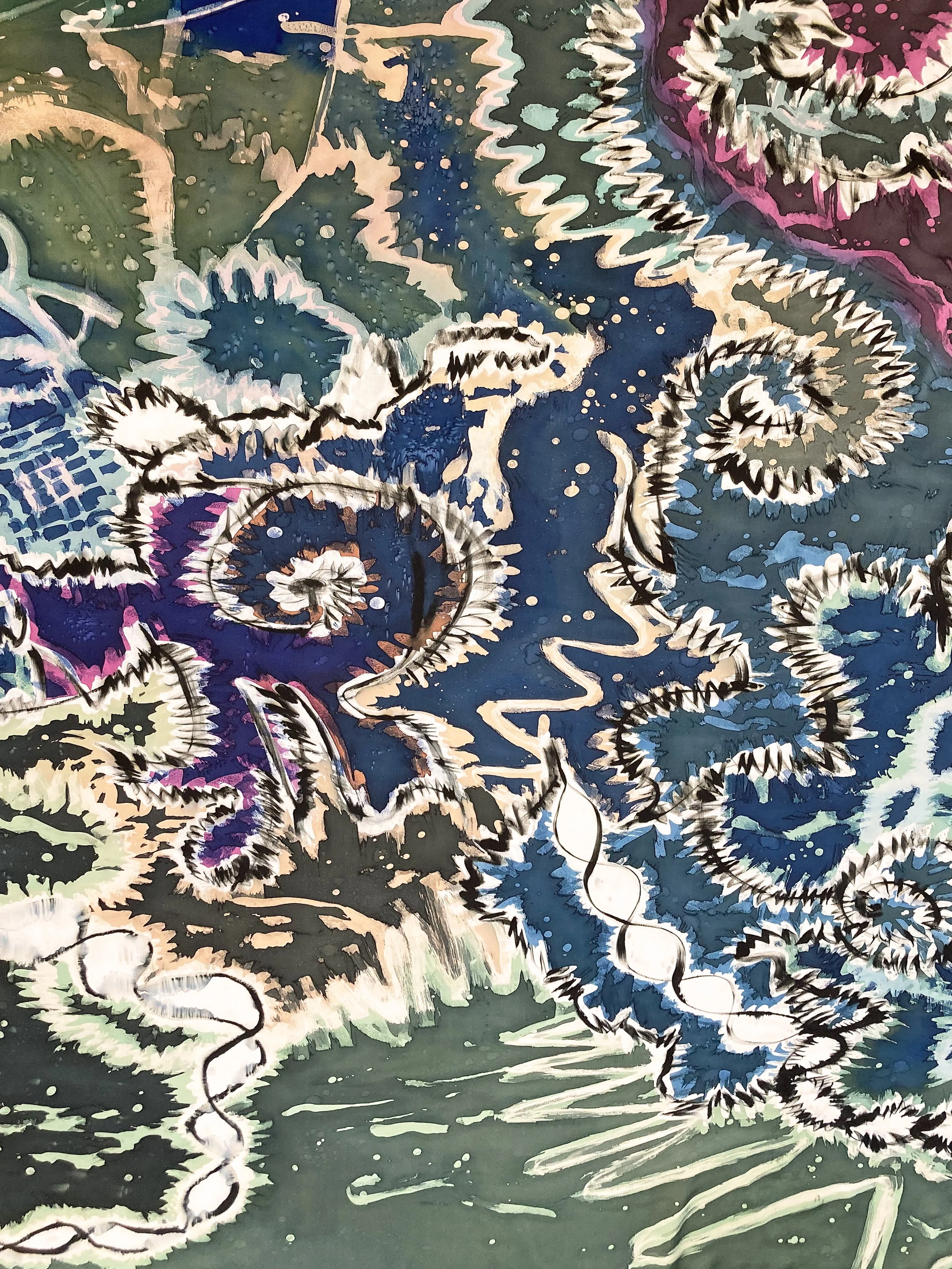 Close-up of colorful floral and abstract design with bold black outlines, primarily featuring blue, purple, green, and pink hues, with intricate details and watercolor-like textures.