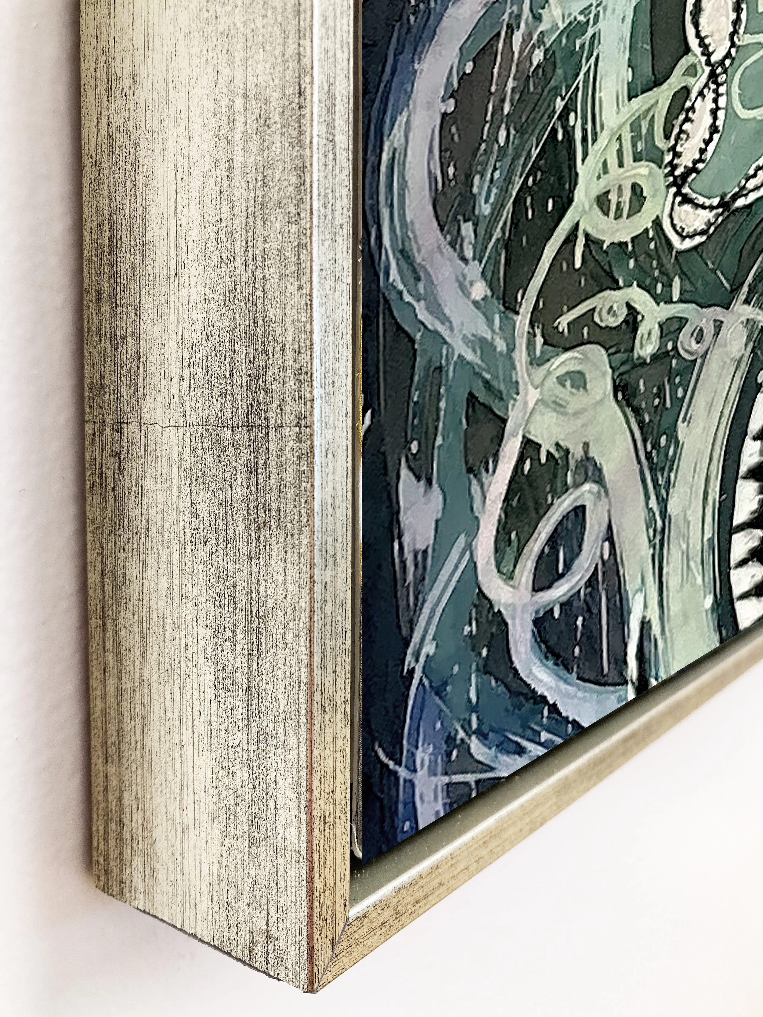A painting of a bicycle with a dollar sign on it, in shades of teal, black, and white, mounted on a wall with a distressed wood panel background.