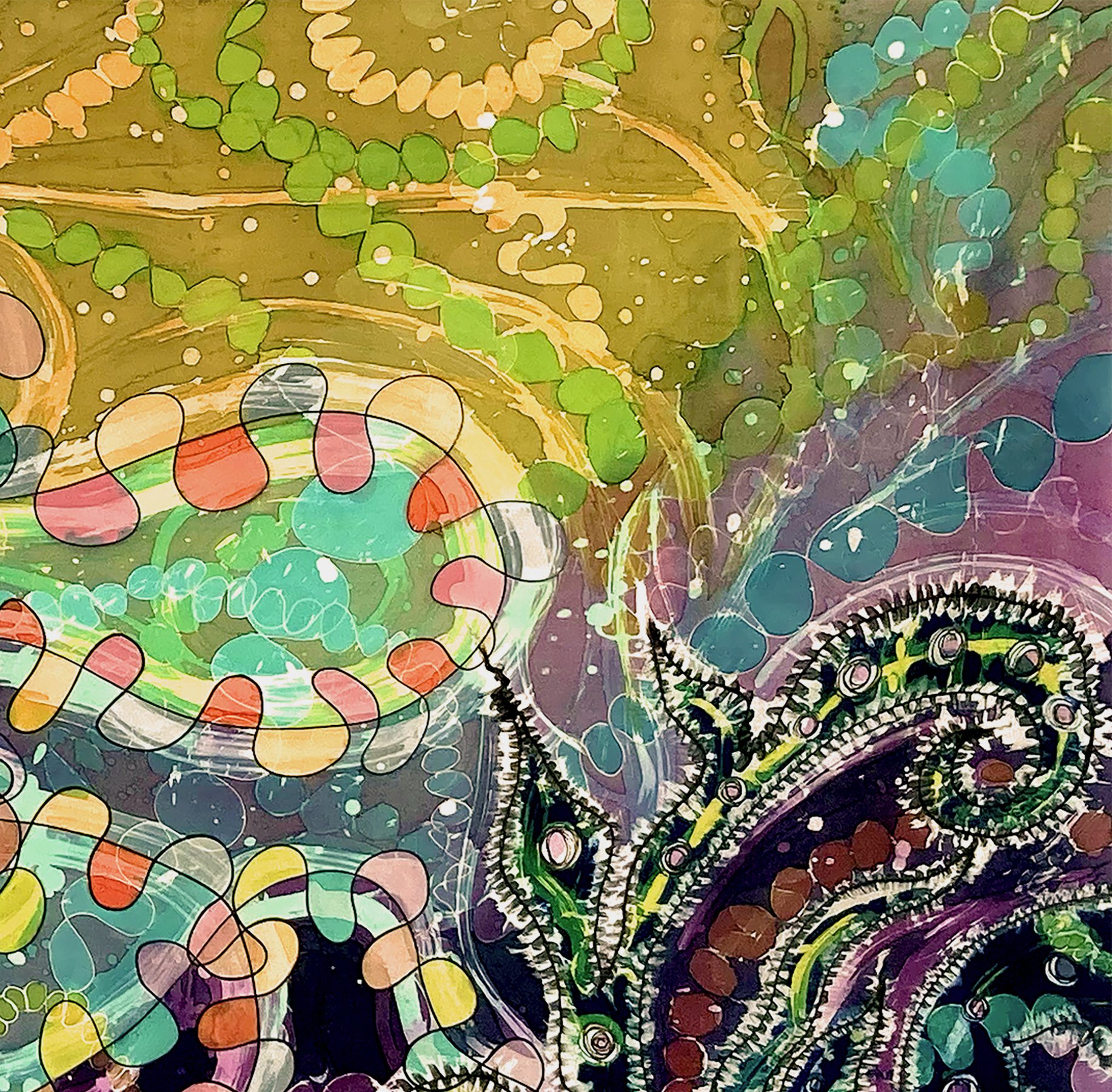 A vibrant, colorful abstract painting featuring various swirling patterns, dots, and circular shapes in bright colors including greens, yellows, pinks, blues, and purples.