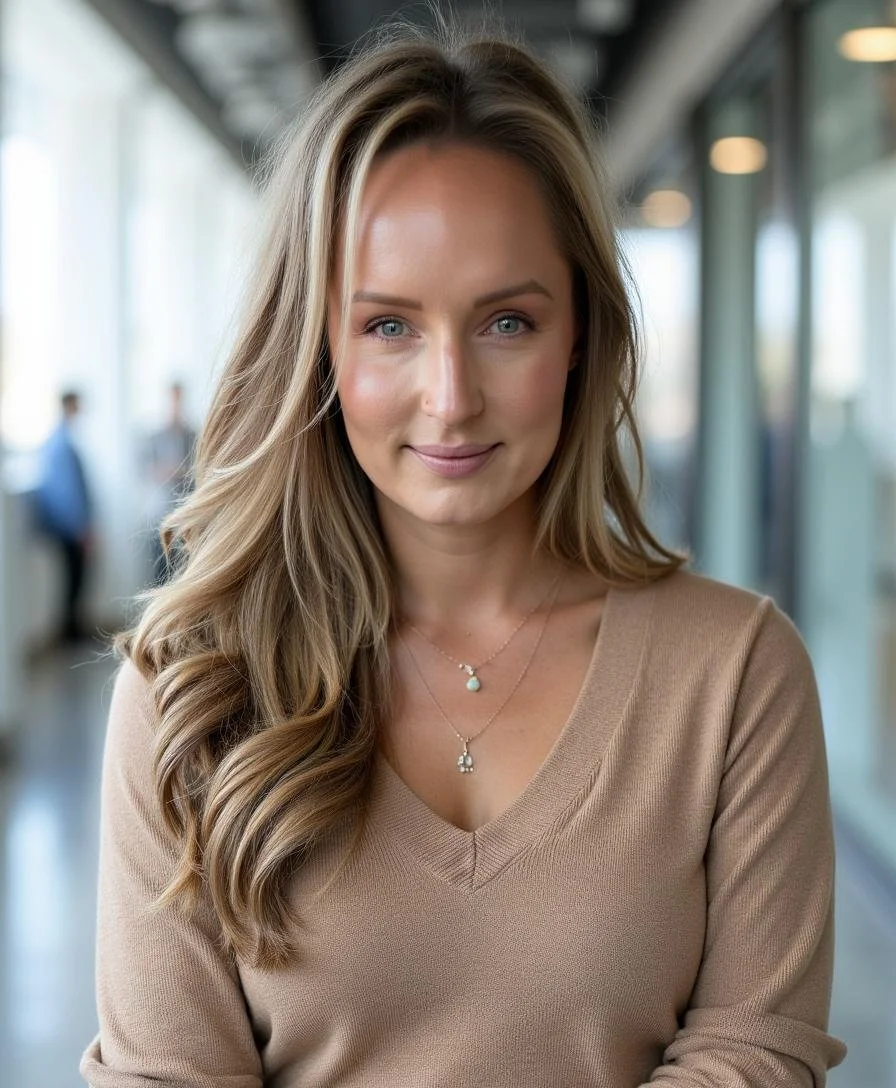 Portrait of a blonde woman in a beige V-neck top, smiling softly, inside a modern building with large windows and blurred figures in the background.
