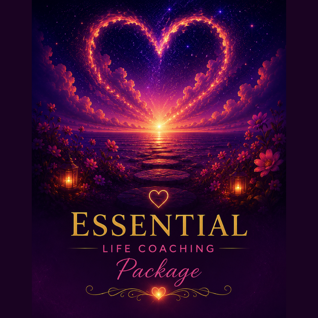 Essential Life Coaching Package graphic featuring a glowing heart-shaped sky over a peaceful ocean at sunrise, symbolizing clarity, healing, personal growth, and support through life transitions.