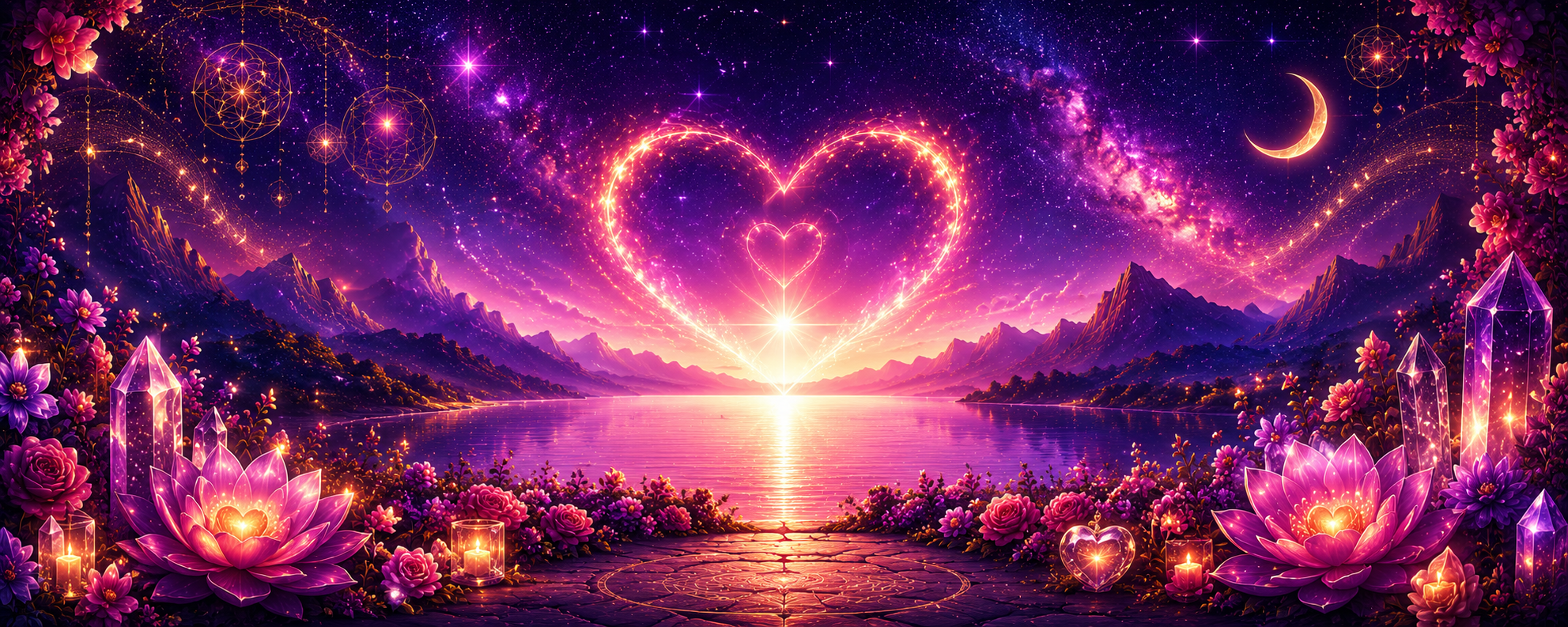 Cosmic heart over a tranquil lake surrounded by lotus flowers, crystals, and celestial elements symbolizing healing, self-love, and transformation.