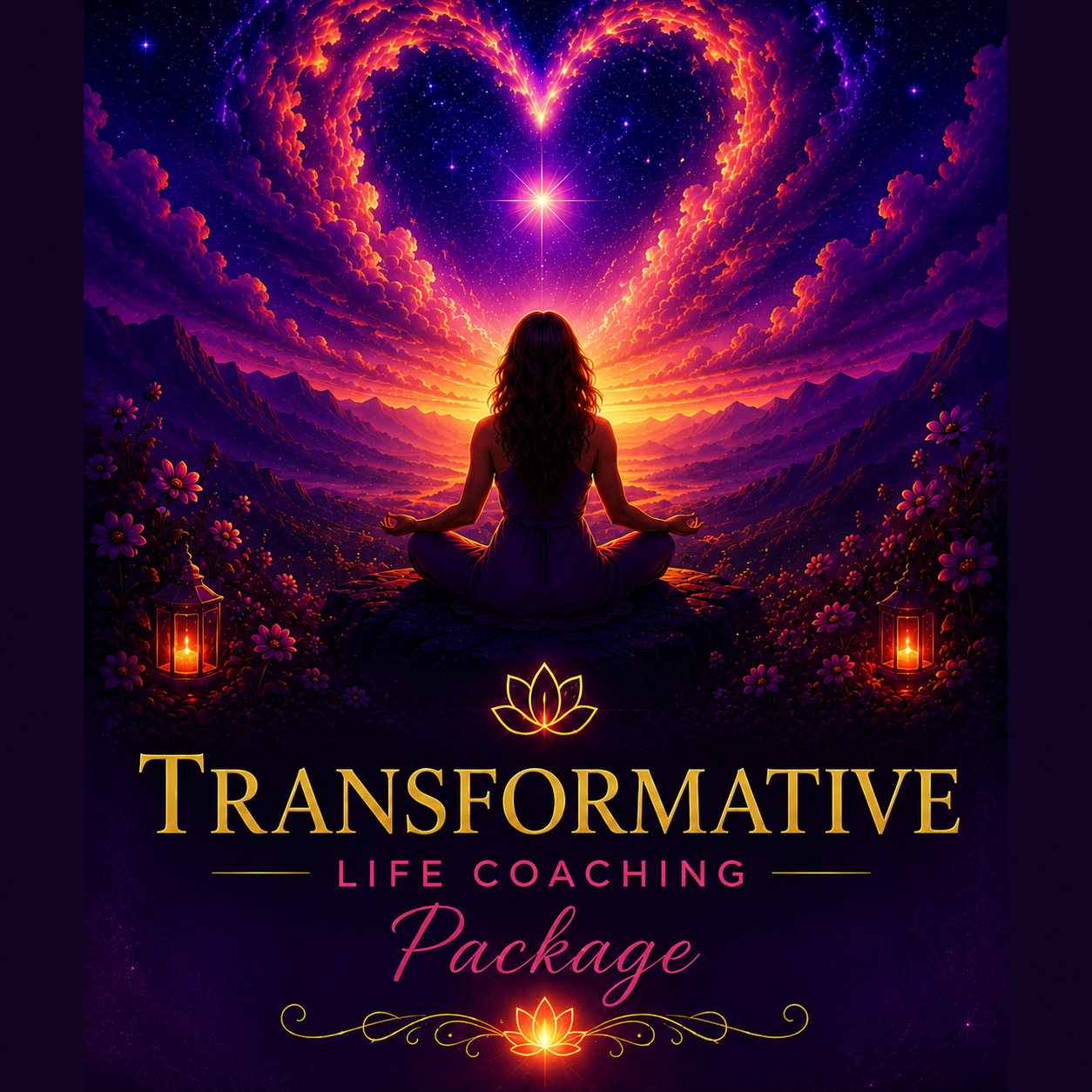 Transformative Life Coaching Package graphic featuring a glowing cosmic heart, meditation scene, and vibrant galaxy landscape, representing personal transformation, self-discovery, empowerment, and meaningful change.