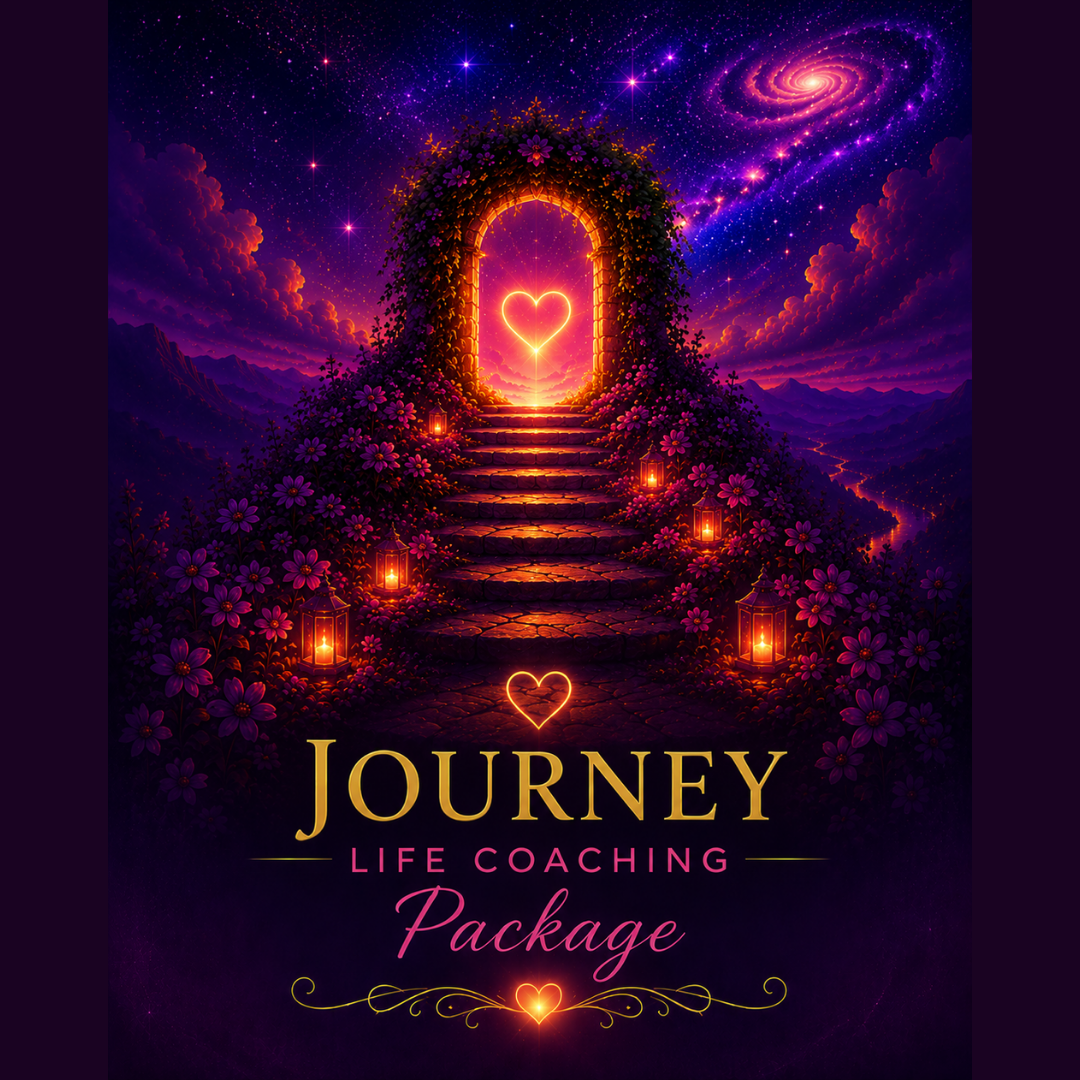 Journey Life Coaching Package graphic featuring a glowing heart-shaped doorway illuminated by lanterns beneath a star-filled sky, symbolizing long-term personal growth, healing, purpose, and life's ongoing journey.