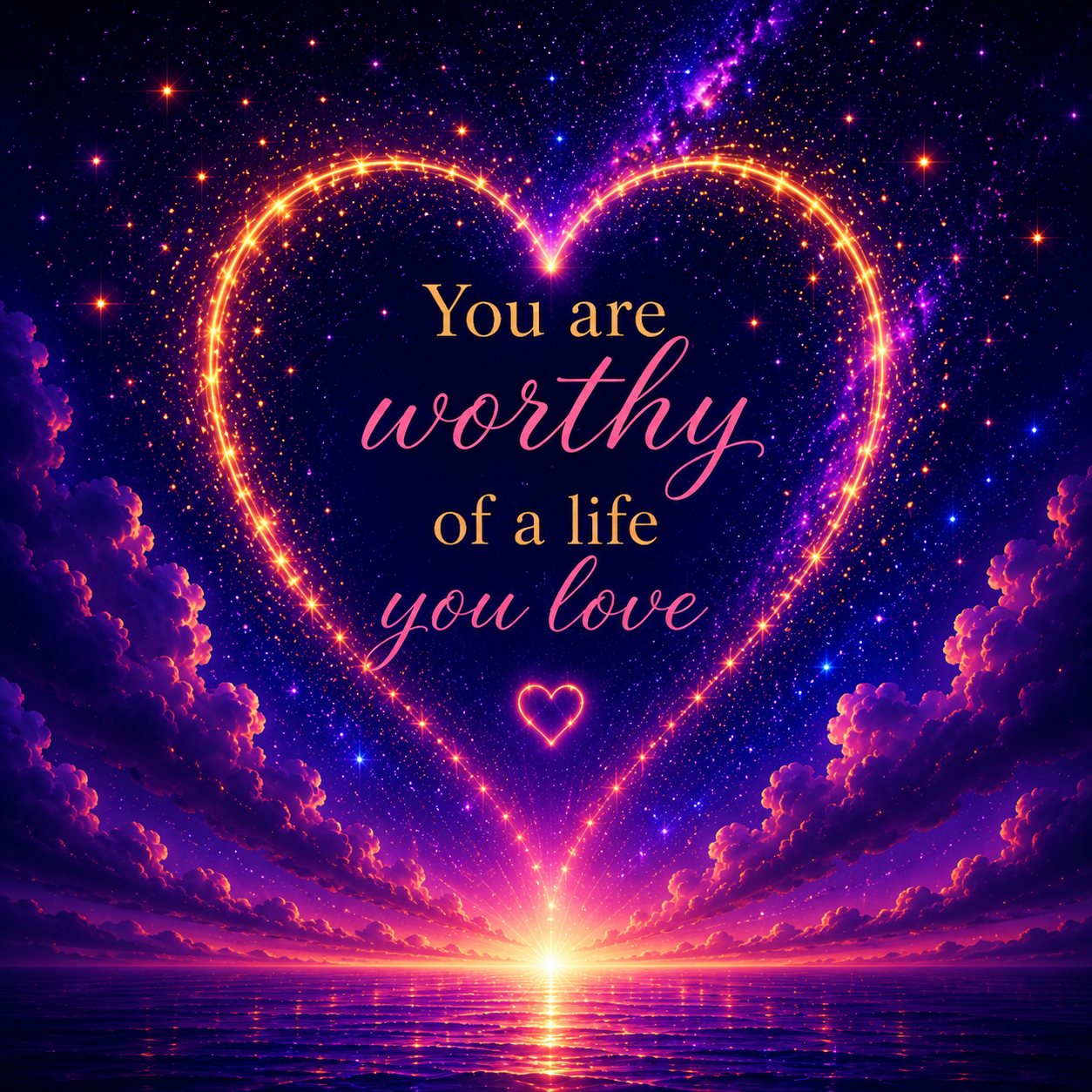 Healing Hearts with Maritza inspirational quote graphic featuring a glowing heart and cosmic landscape with the message 'You are worthy of a life you love,' promoting self-love, healing, and personal growth.
