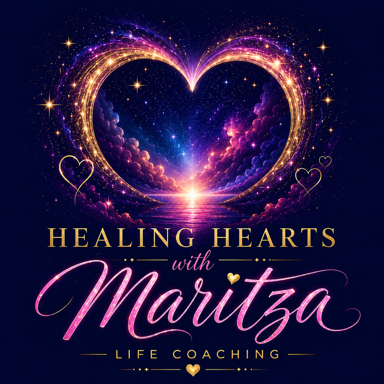 Healing Hearts with Maritza cosmic heart artwork featuring a radiant golden heart over a shimmering sea at sunrise, representing healing, self-love, personal growth, and new beginnings.