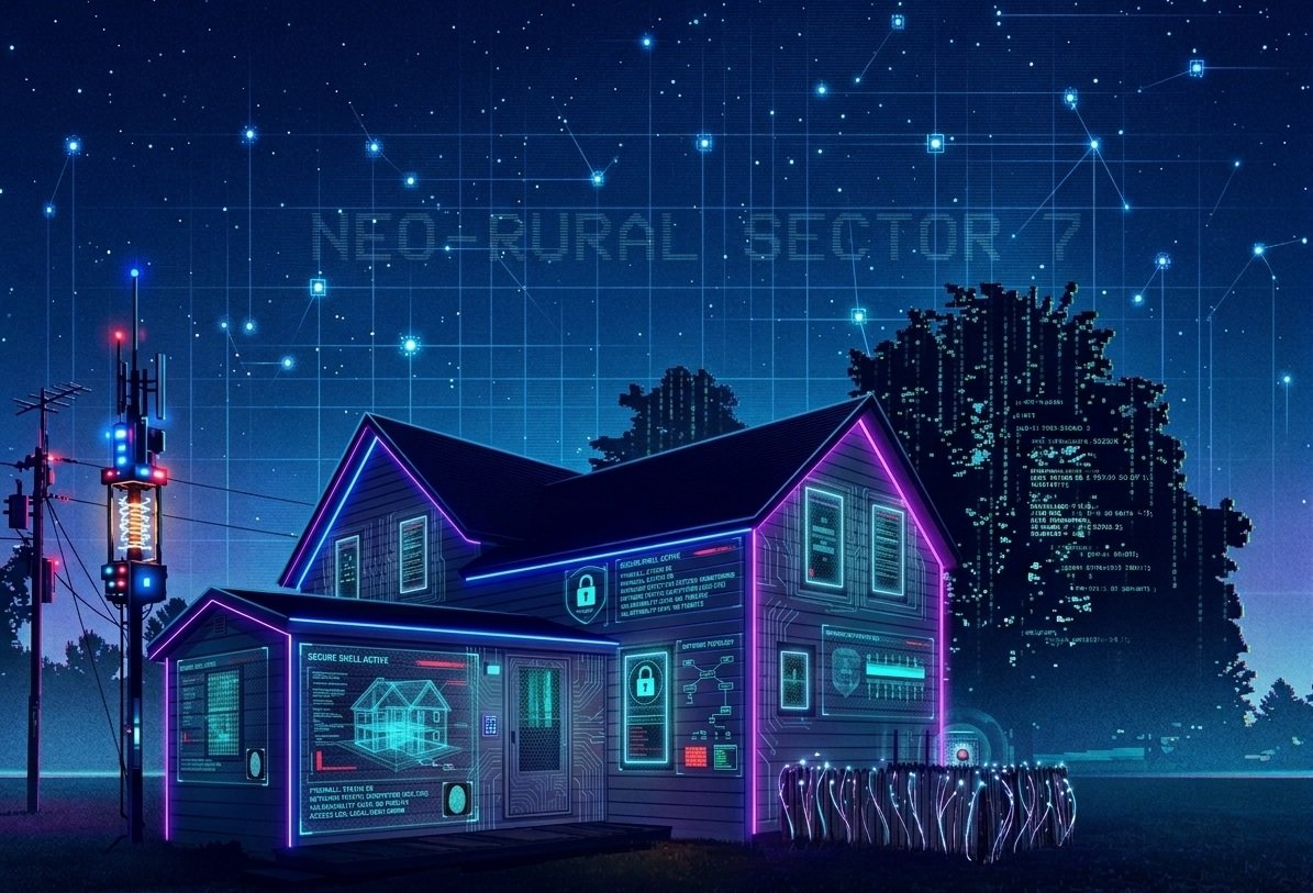 A digitally rendered house in a futuristic, neon-lit style with holographic digital overlays and security graphics, set against a night sky with stars and trees.