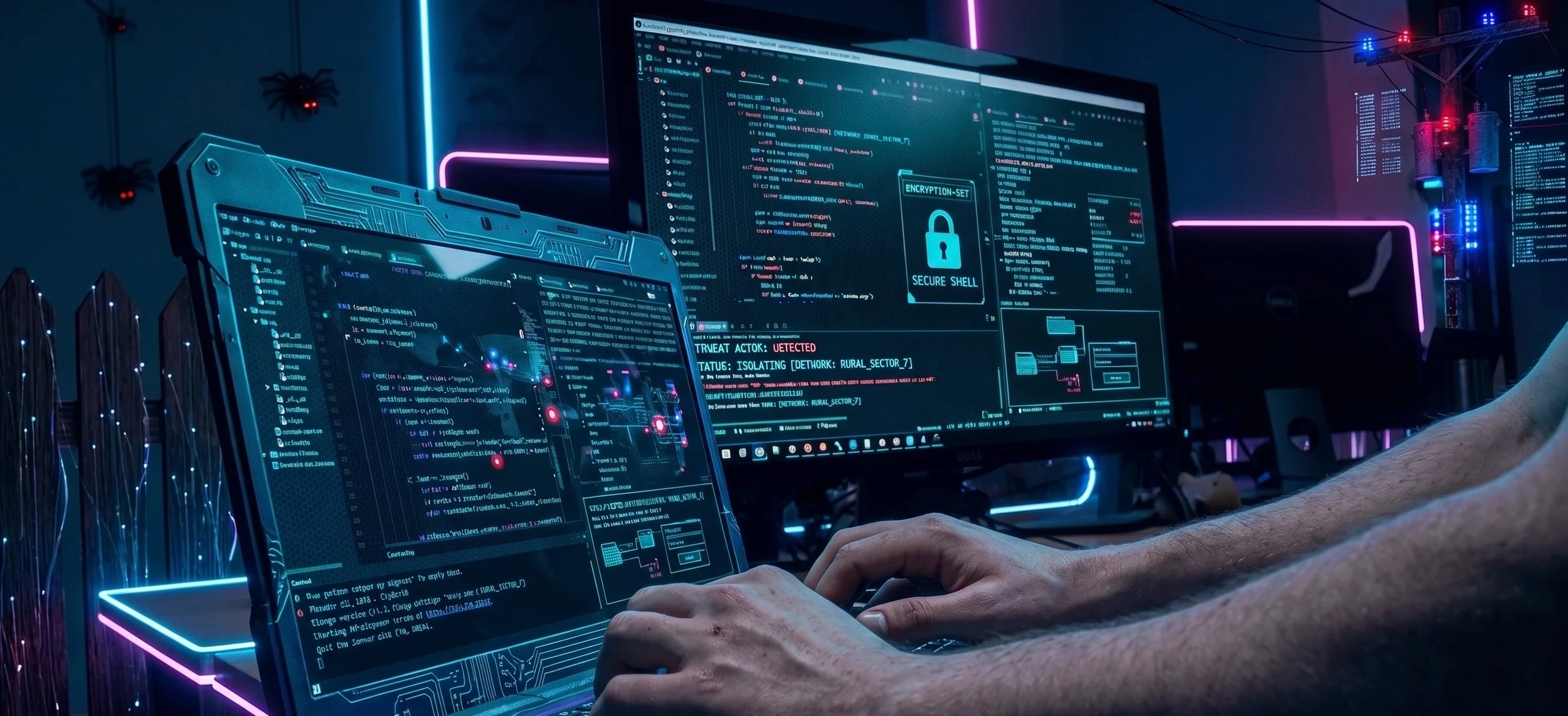 Multiple computer monitors displaying lines of code and security interface with a padlock icon, in a dark room with neon lighting.