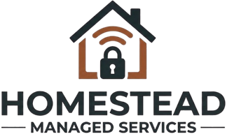 Logo with a stylized house and lock, text reads 'HOMESTEAD HOME SERVICES' with a small house icon above the text.