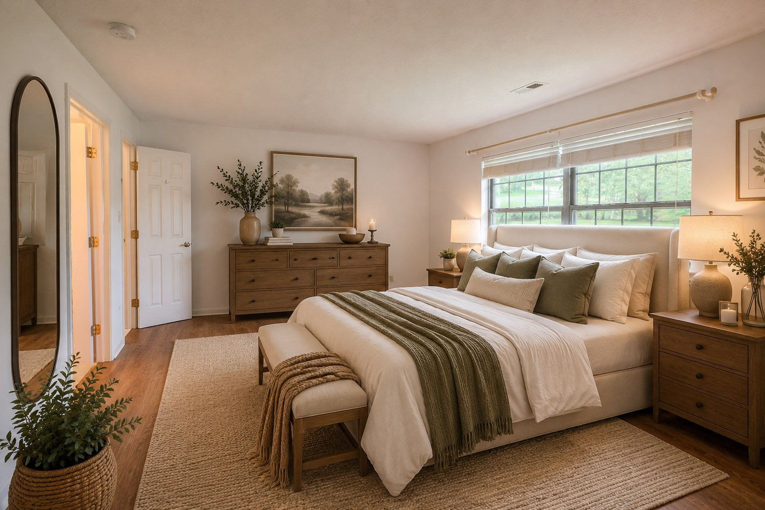 A cozy bedroom with a large window, a beige upholstered bed with multiple pillows, wooden nightstands with lamps, a wooden dresser with decorative items, a potted plant in a basket, and a framed landscape painting on the wall.