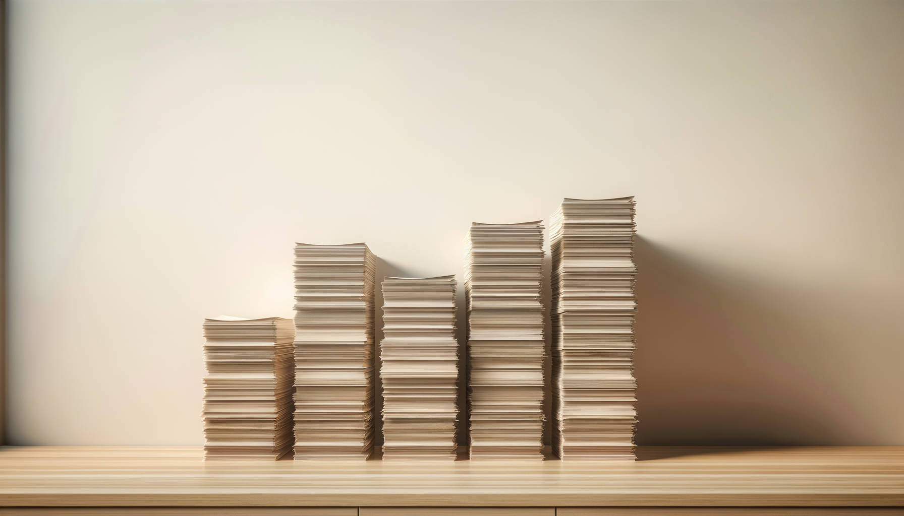 Piles of paper stacked in increasing height on a wooden table against a plain wall.