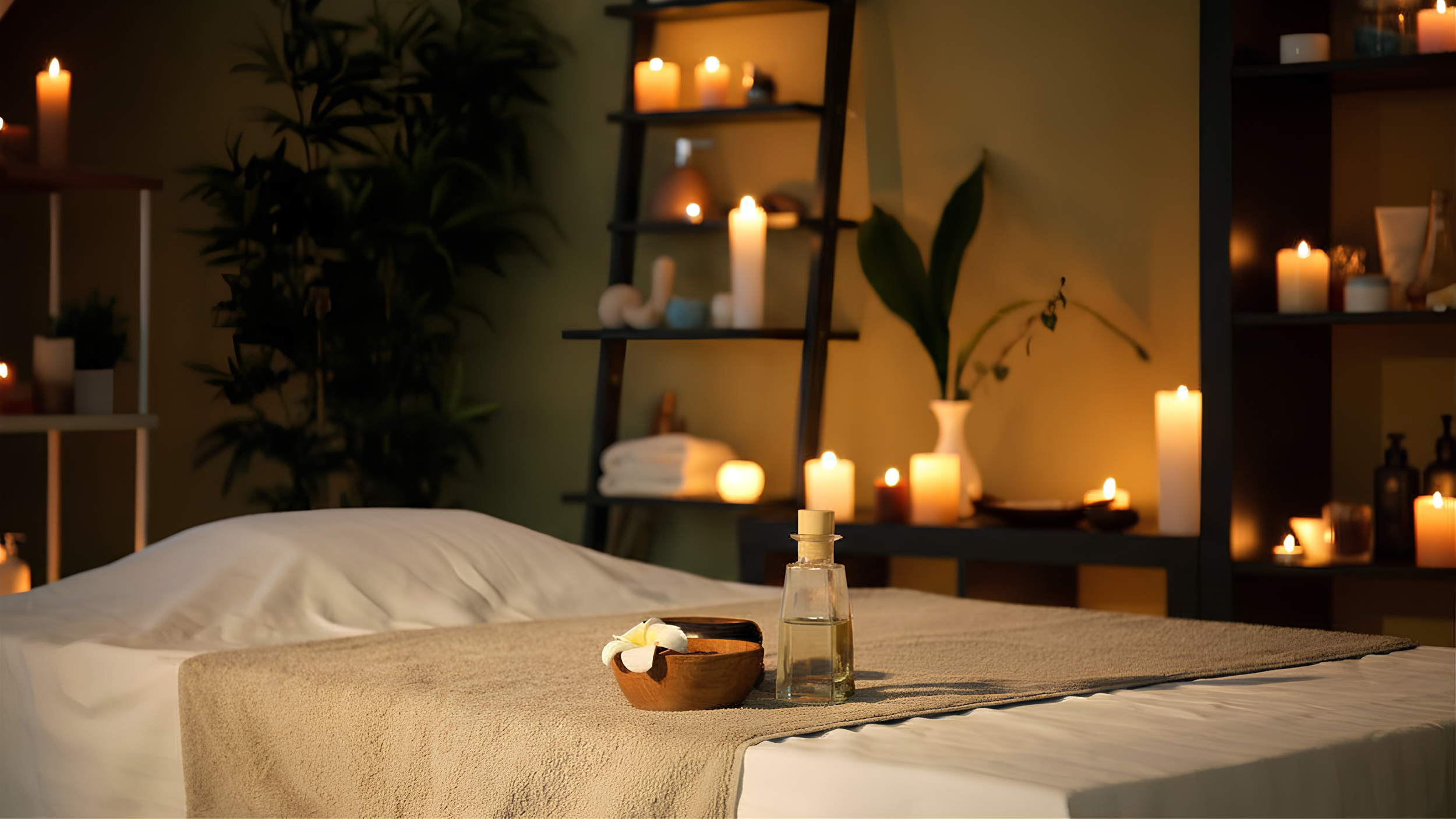 A cozy room with a bed covered with a beige blanket and white sheets. Candles of varying sizes emit a warm glow on shelves and surfaces in the background, creating a relaxing atmosphere. There is also a small wooden tray with a flower and a glass bottle of water on the bed.