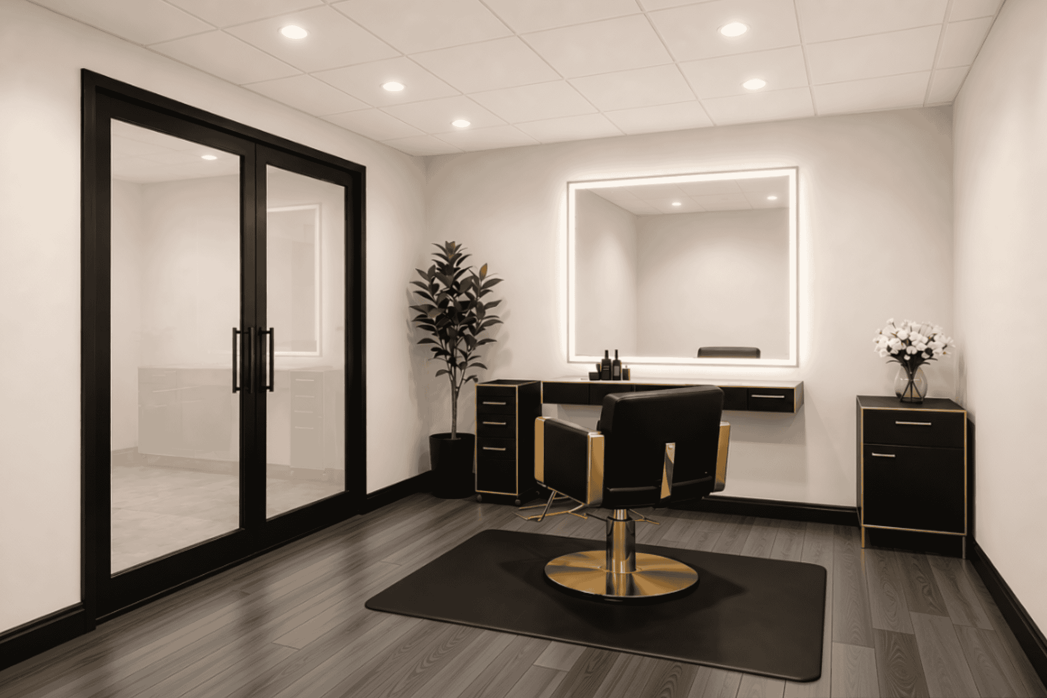 A modern hair salon or beauty studio with a large backlit mirror, black and gold styling chair, small black side table with flowers, potted plant, and glass door with black frame leading to a wash area.