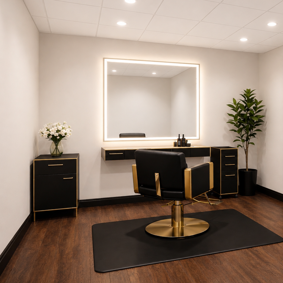 Modern salon station with a black and gold styling chair, large backlit mirror, black cabinets, white walls, wooden floor, and potted plants.