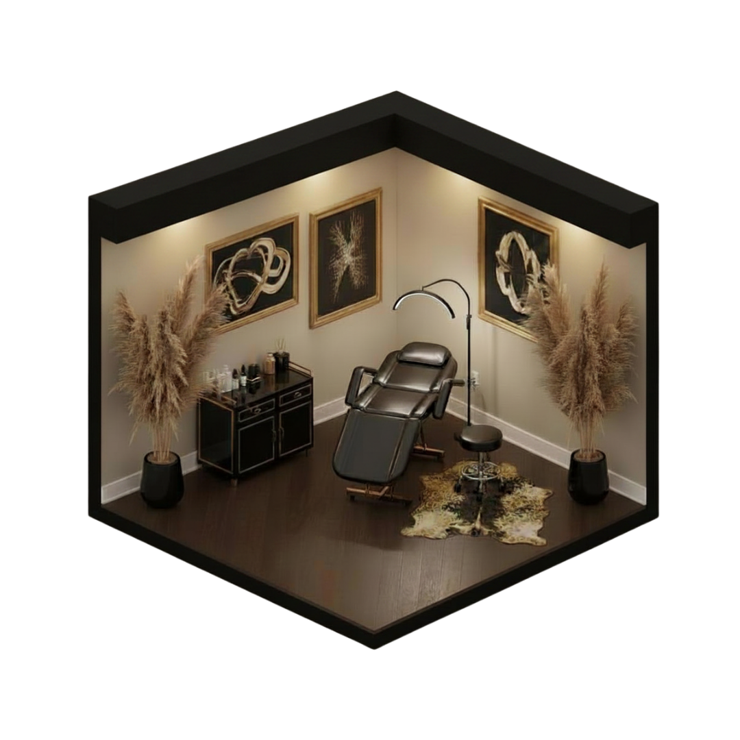Small, stylish room with a black reclining chair, two tall vases of pampas grass, assorted bottles on a black cabinet, abstract art on the walls, a modern floor lamp, a small rolling stool, and a patterned rug.