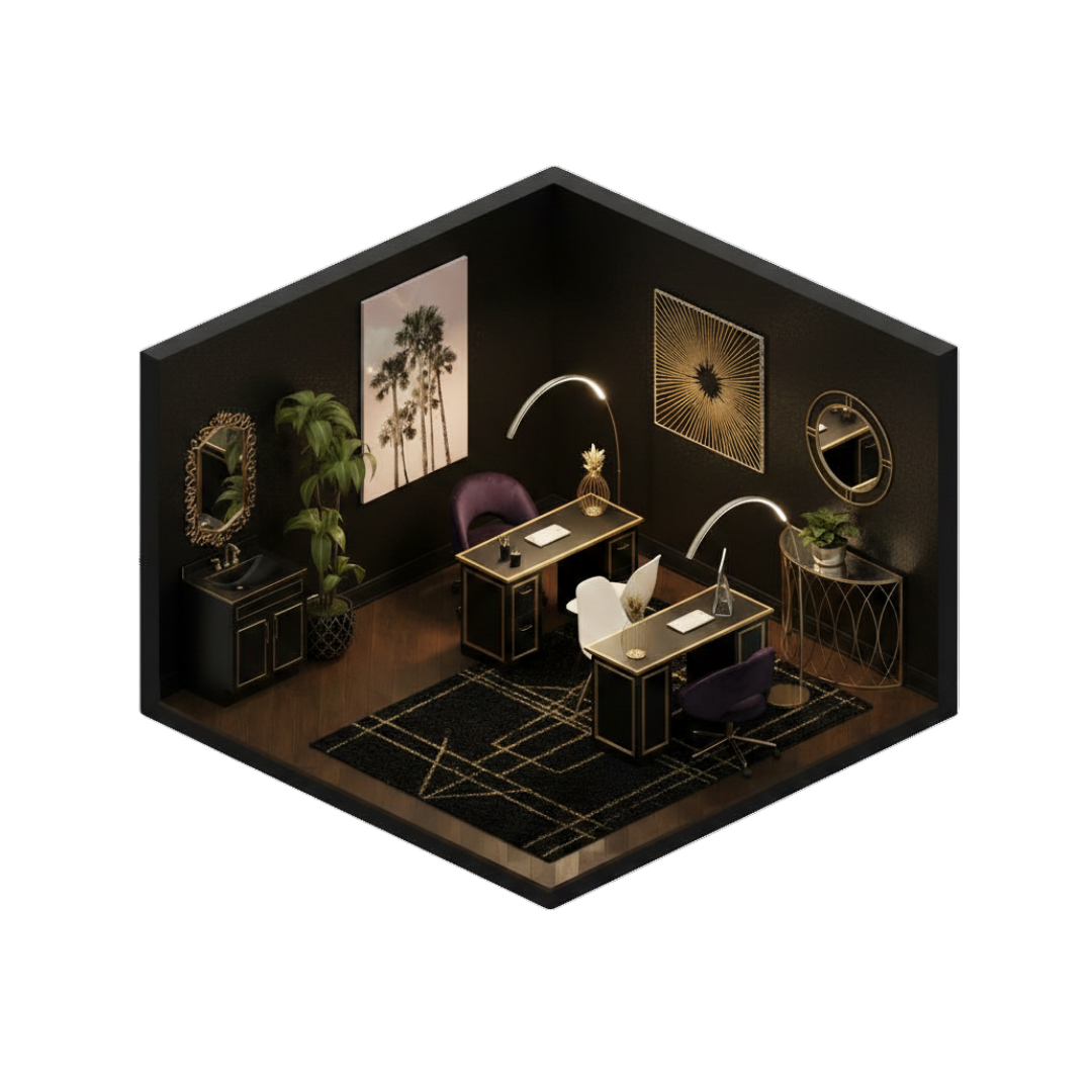 A chic, modern office with black walls, gold accents, two desks, purple and white chairs, artwork, a mirror, a potted plant, and a black and gold rug.