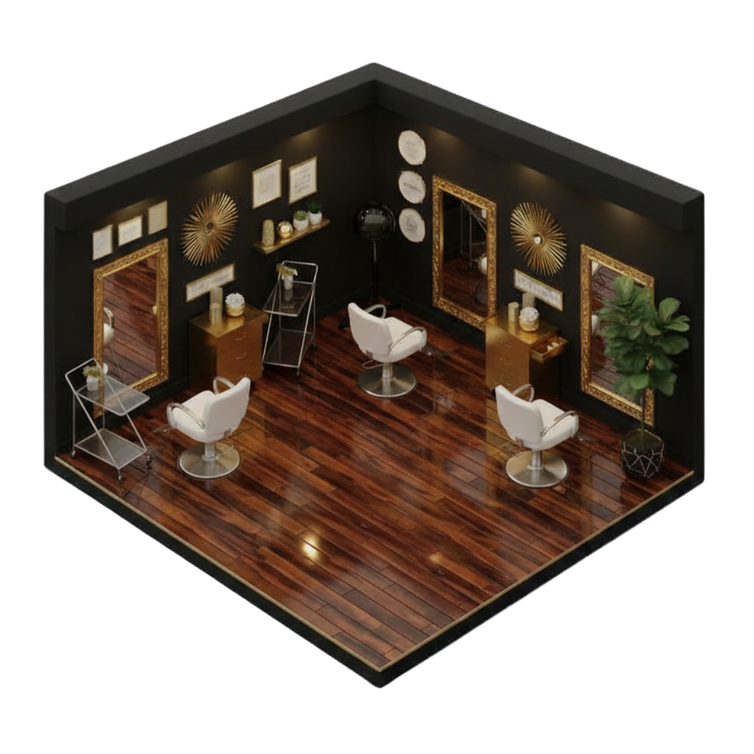 A miniature salon with three styling chairs, large mirrors with gold frames, wall decorations, a plant, and styling stations with shelves on a wooden floor.
