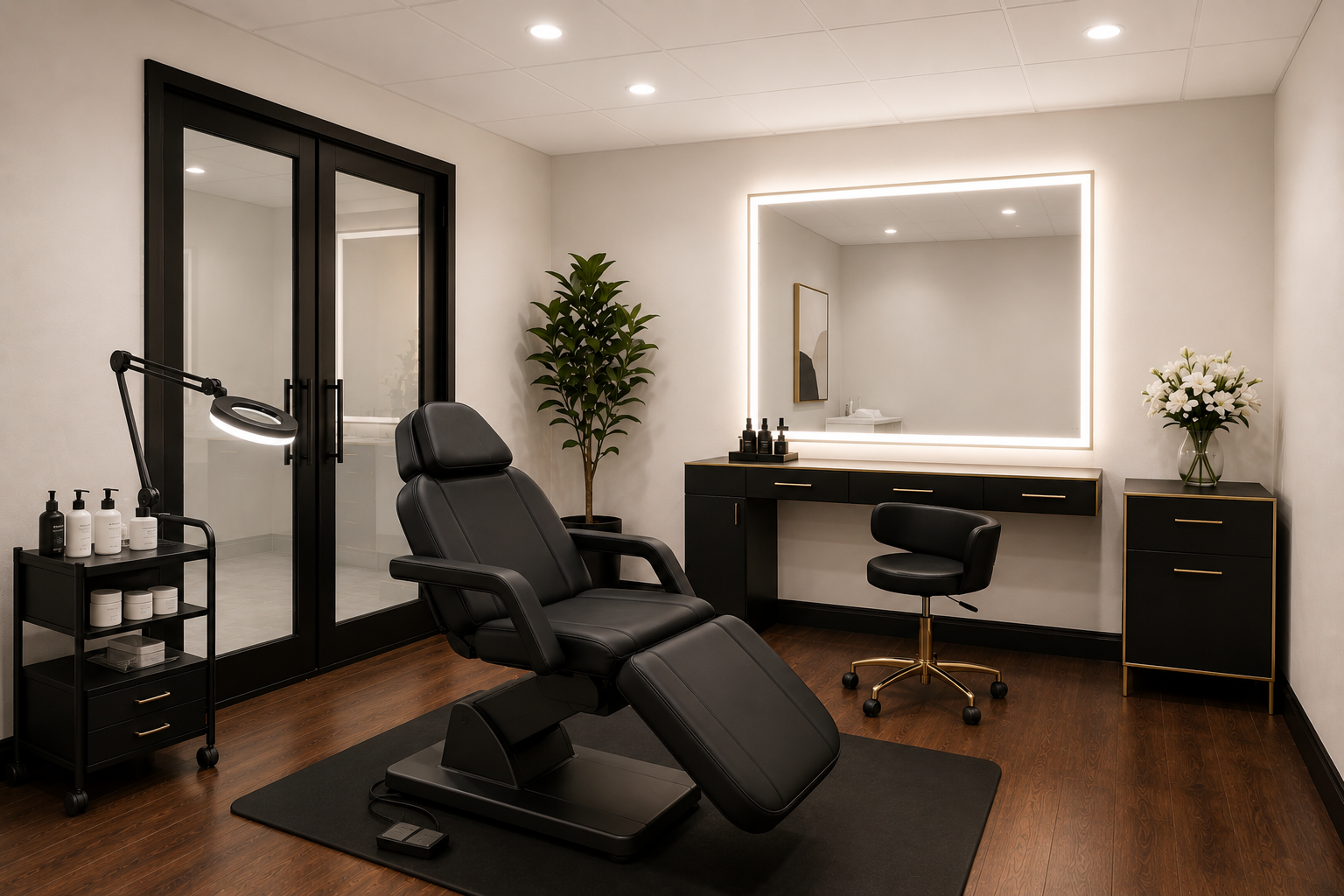 Modern skincare or spa treatment room with black massage chair, large illuminated mirror, black and gold cabinet, potted plant, and floral arrangement.