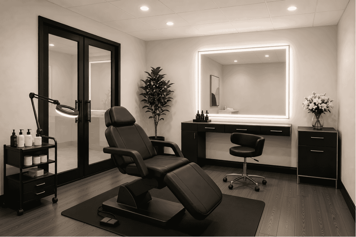 A modern, minimalist medical or spa treatment room featuring a black reclining chair, a rolling stool, a large illuminated mirror, a small cart with skincare products, a tall potted plant, and a flower arrangement, with soft lighting.