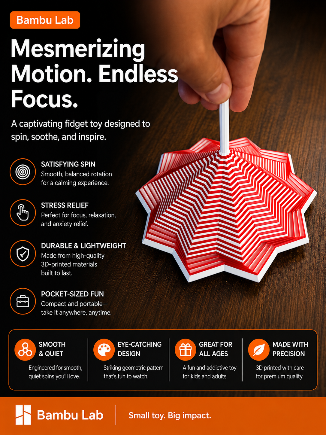 Close-up of a hand holding a red and white striped umbrella-shaped fidget toy on a wooden surface, with promotional text for Bambú Lab fidget toy describing features like satisfying spin, stress relief, lightweight design, and suitability for all ages.