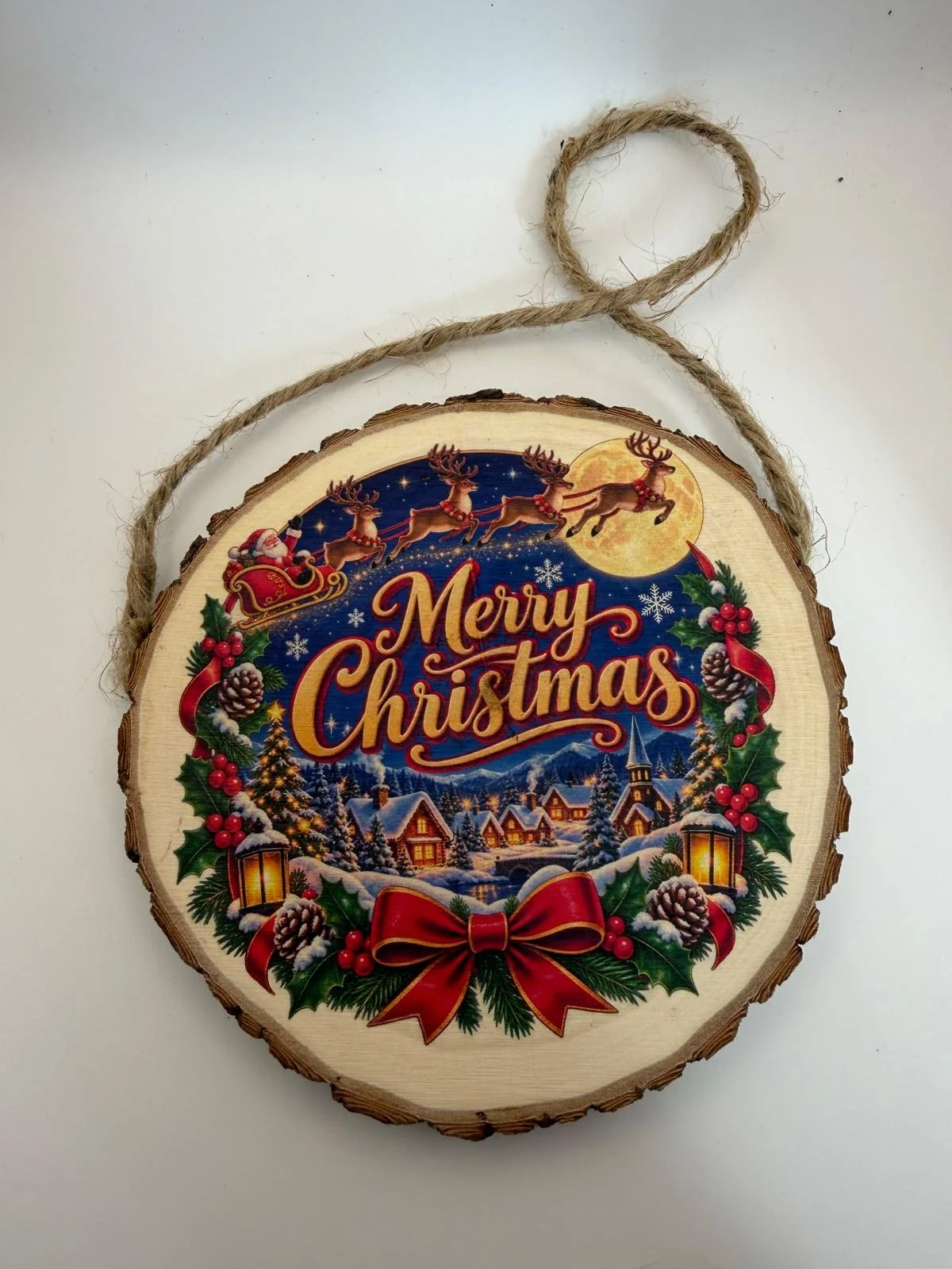 Merry Christmas Wooden Hanging Decoration – Festive Santa & Winter Village Design