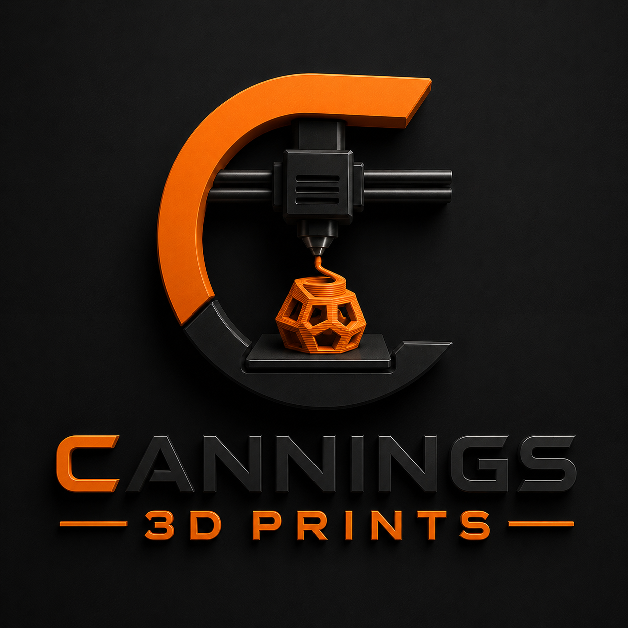 A 3D printer creates an orange geometric object resembling a polyhedron on a black background, with the text "CANNINGS 3D PRINTS" below.